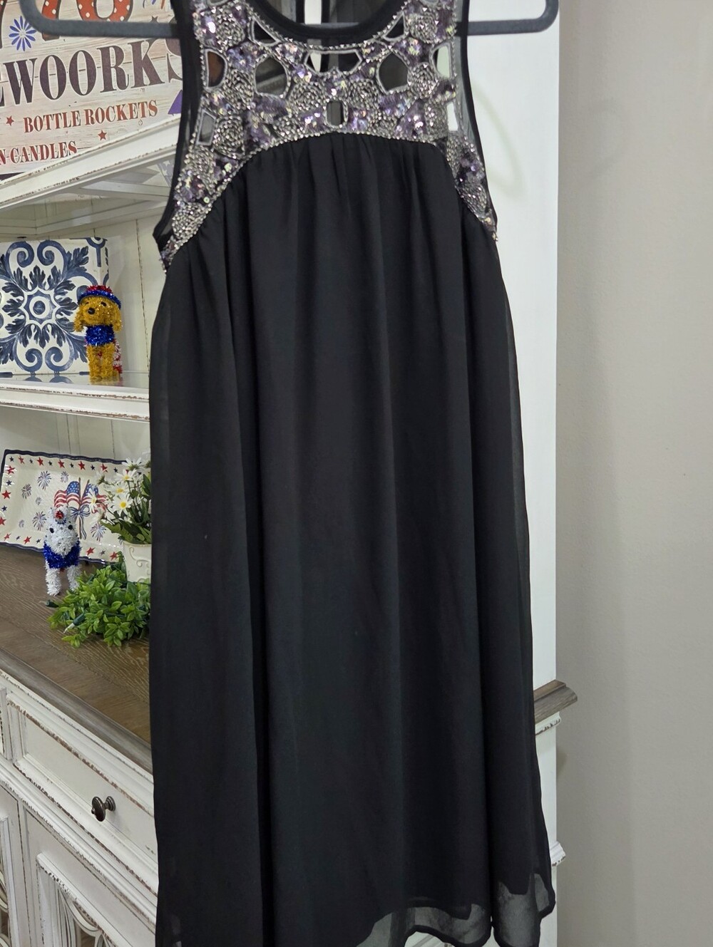 Esley Black Dress with Silver and Purple Beaded Yoke
